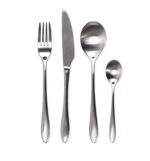 Silver cutlery set with spoon, fork, knife and teaspoon.