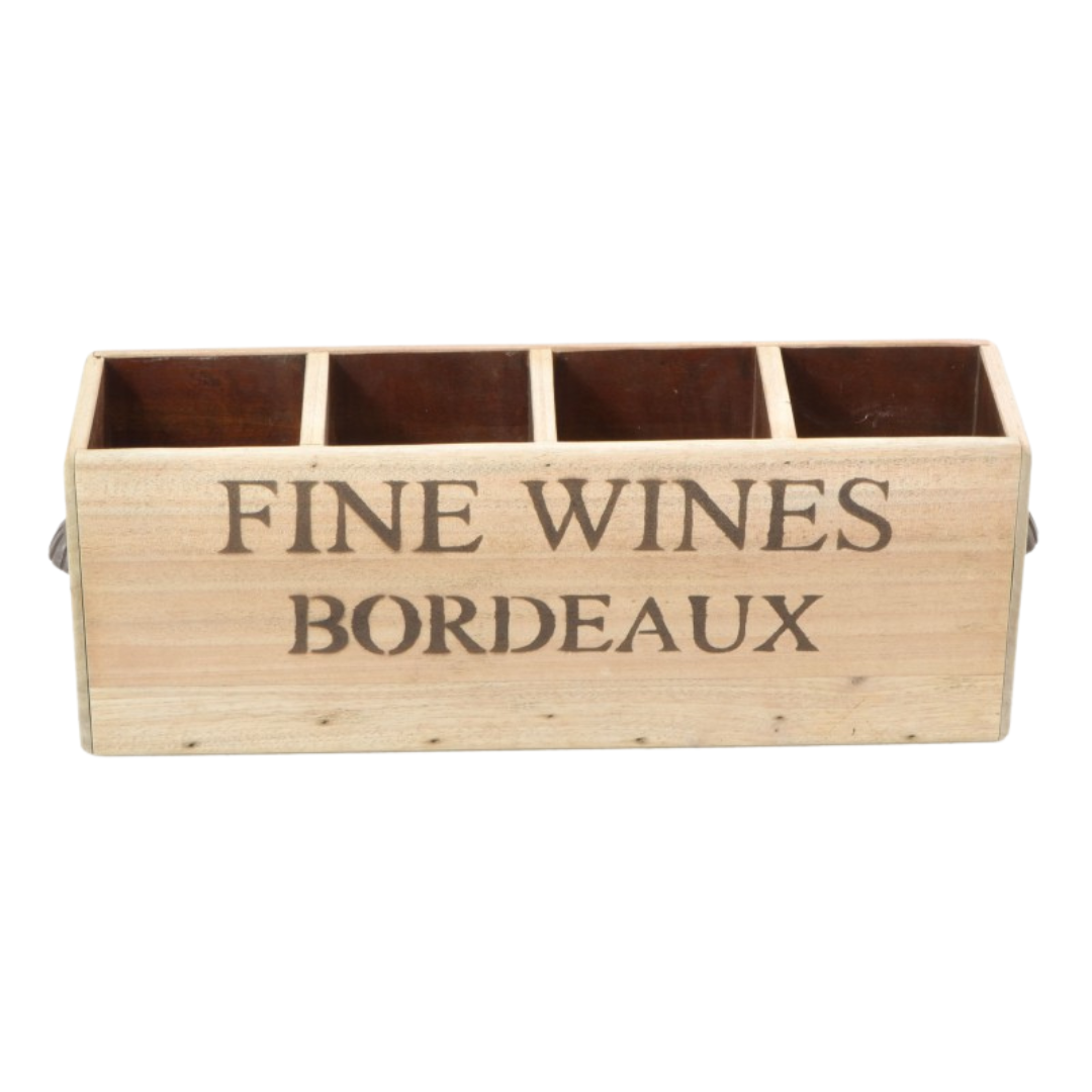 Bordeaux wooden vintage wine crate with brass handles from front view.