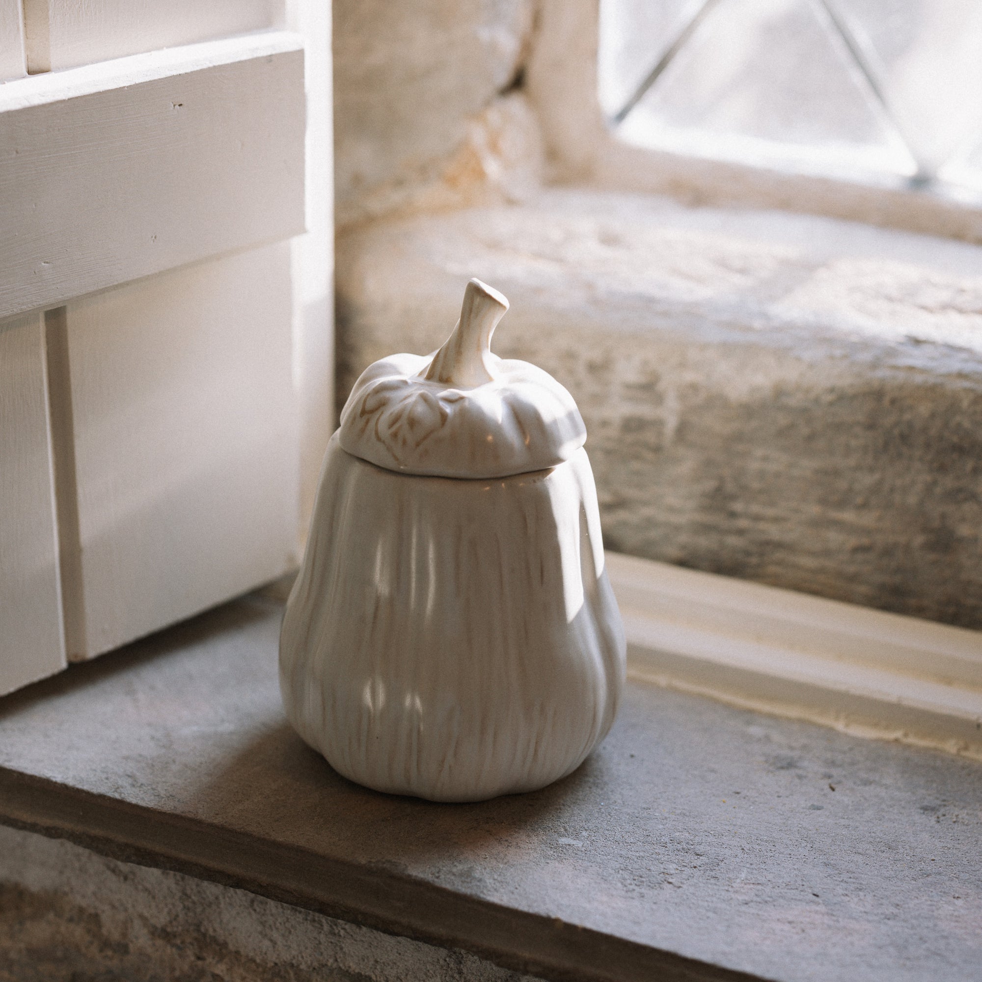 Butternut squash Jar with Lid on stone windowsill.