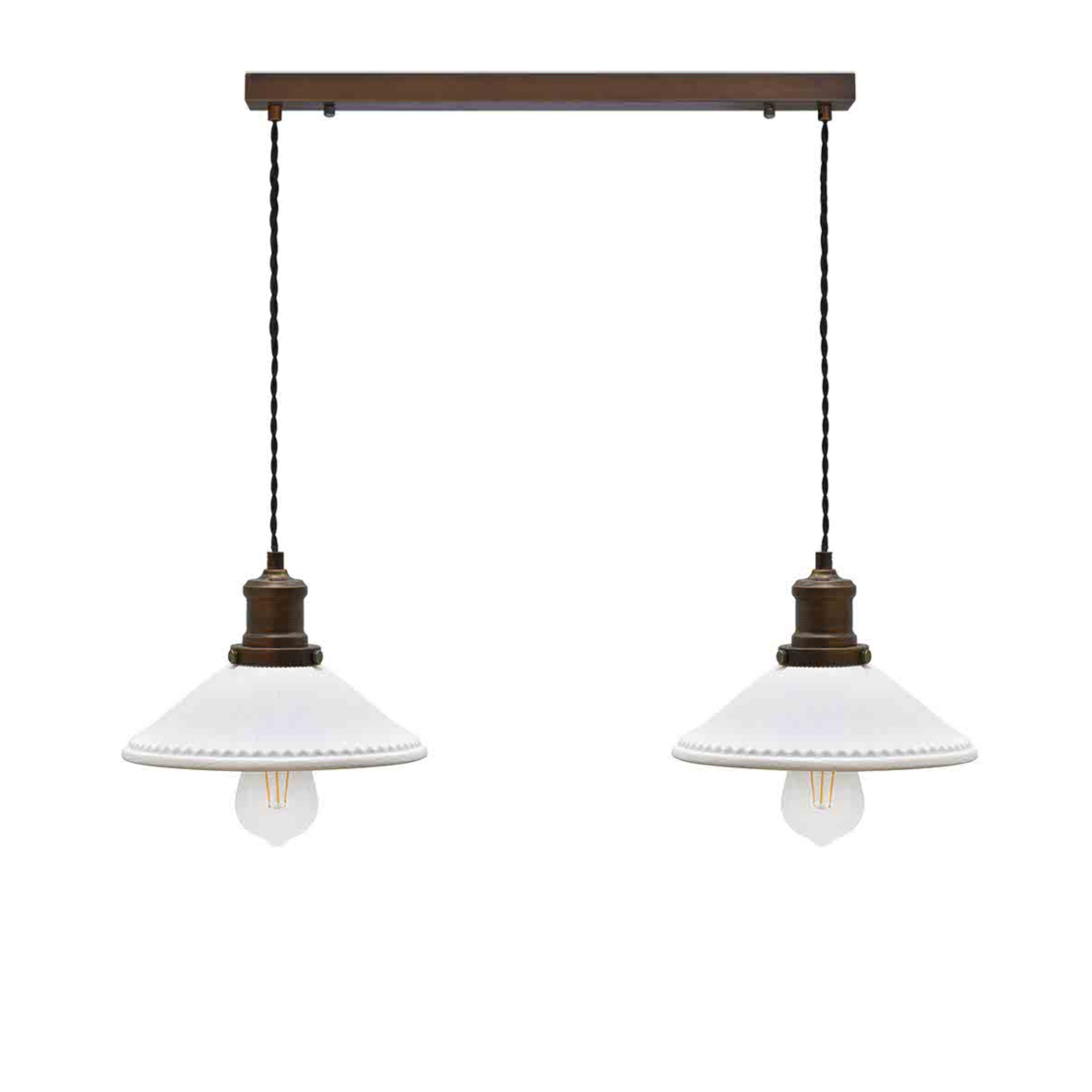 Ceramic and antique brass pendant lights.