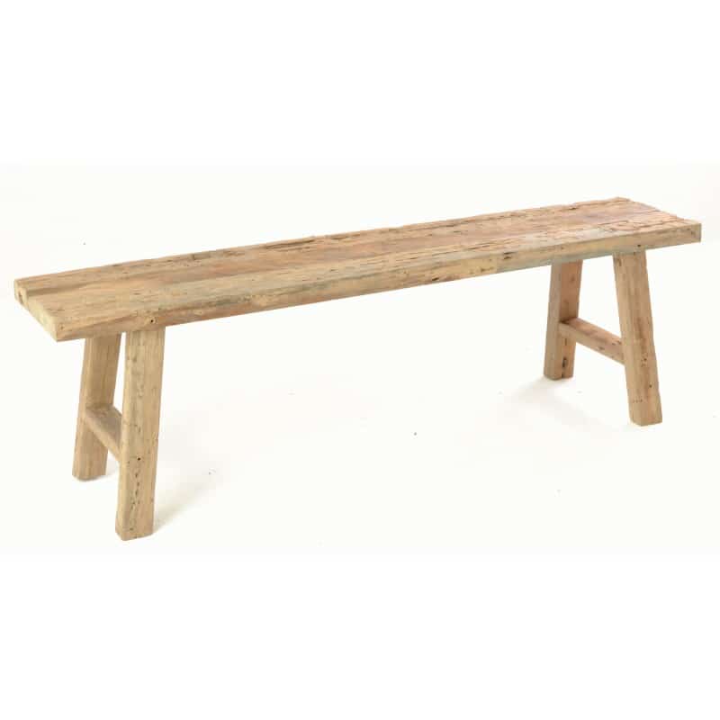 Extra large reclaimed wood rustic bench, with two legs from side view.