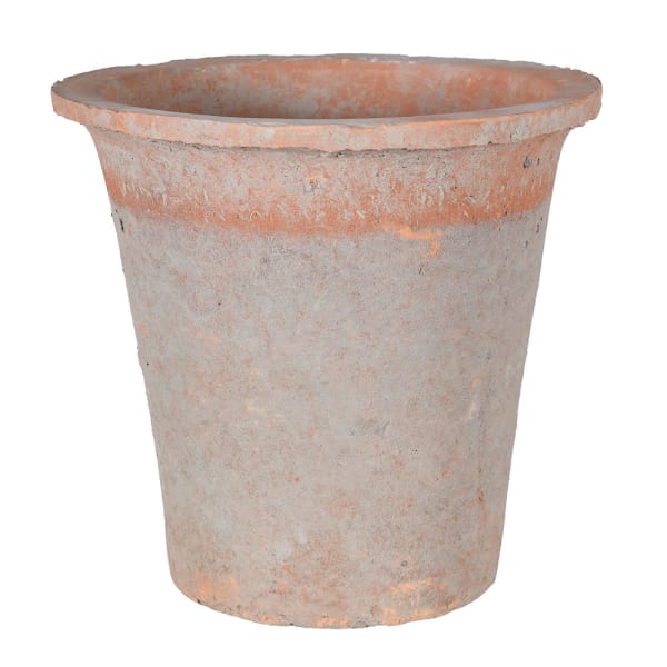 Red antiqued stone plant pot.