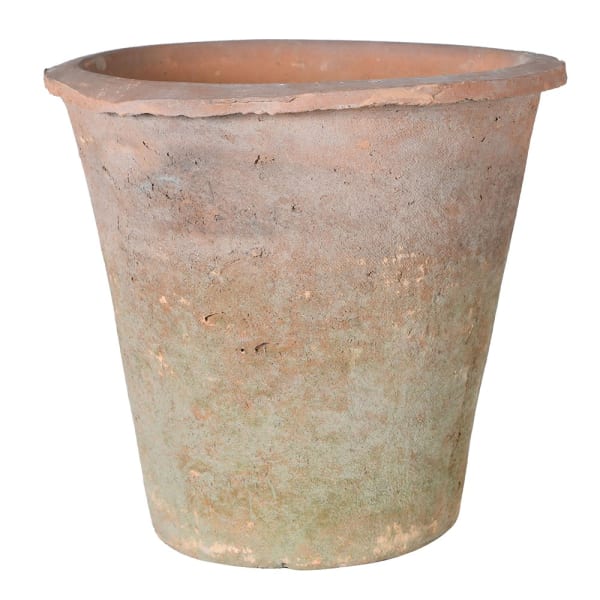 Red antiqued stone plant pot.