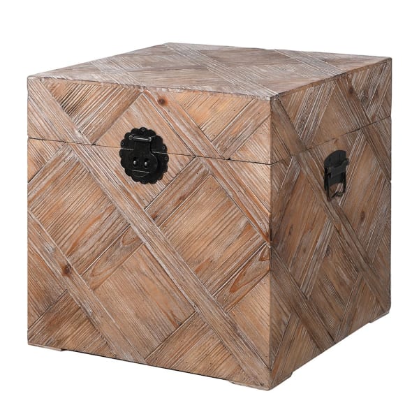 Carved effect wooden trunk with black buckles.