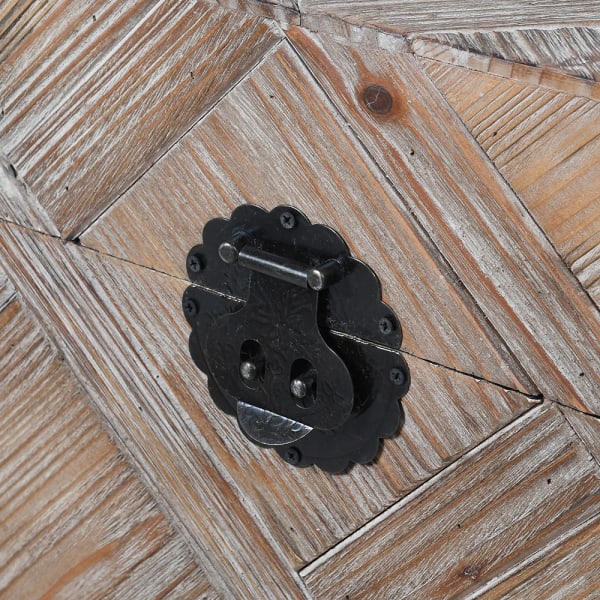 Close up of black buckle on wooden trunk.