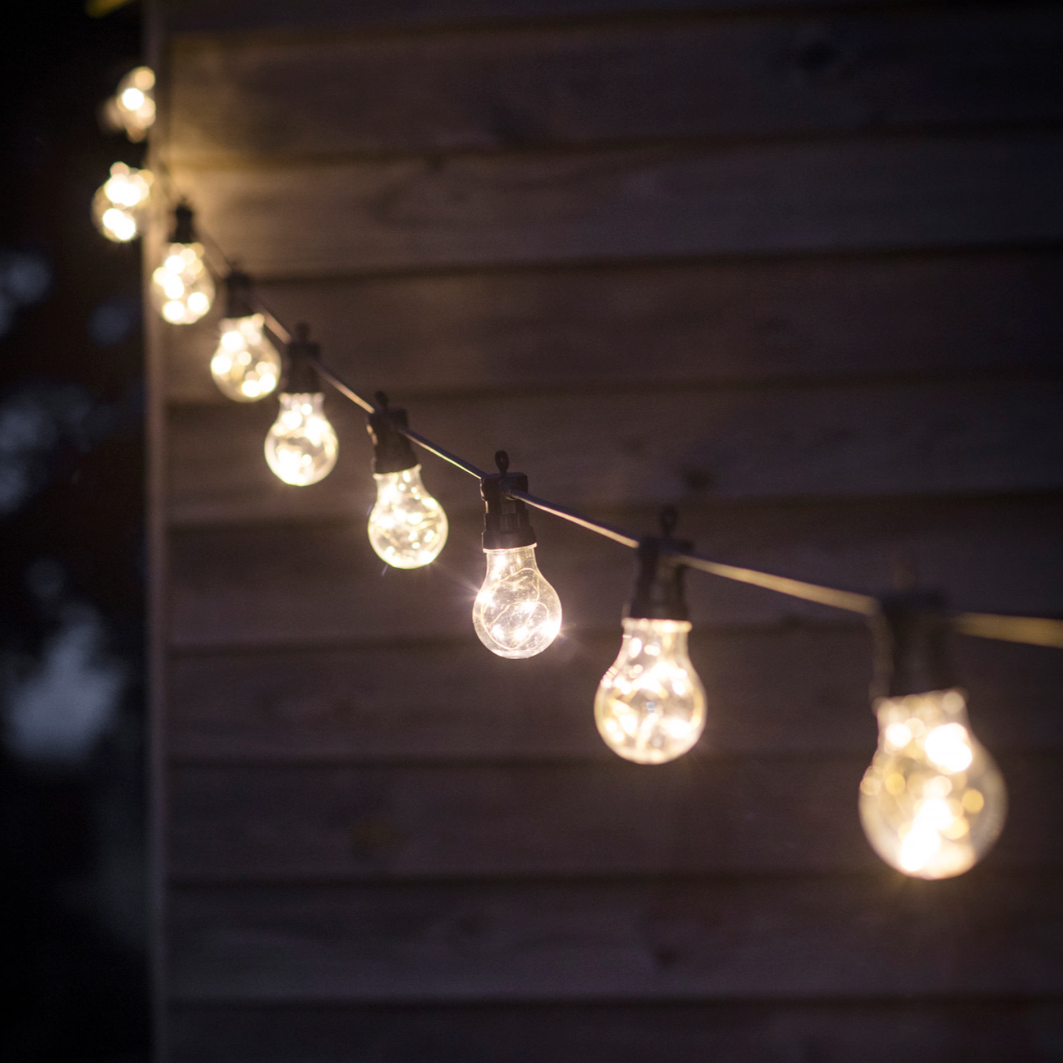 Classic Festoon Lights outdoors in the evening.