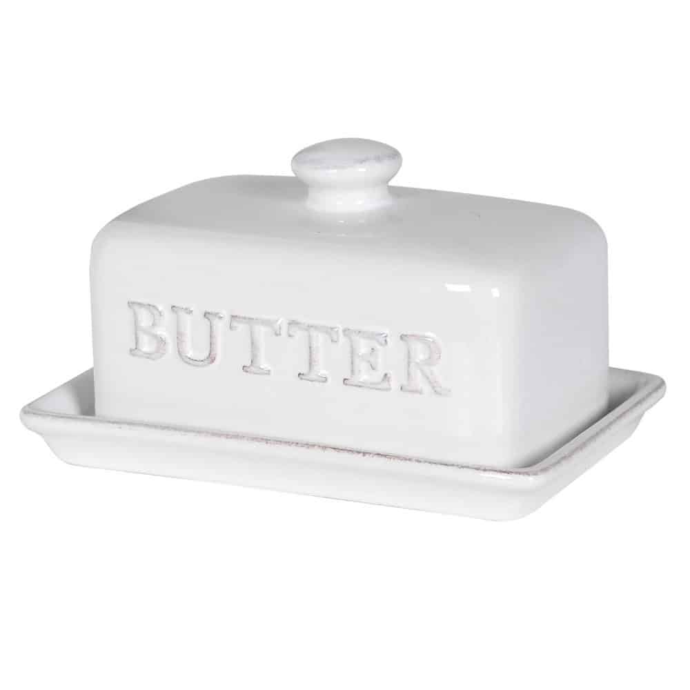 Ceramic butter dish with embossed &#39;butter&#39; name, and knob handle on top.