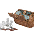 Round wicker picnic basket for 4 with full dinner and cutlery set. 