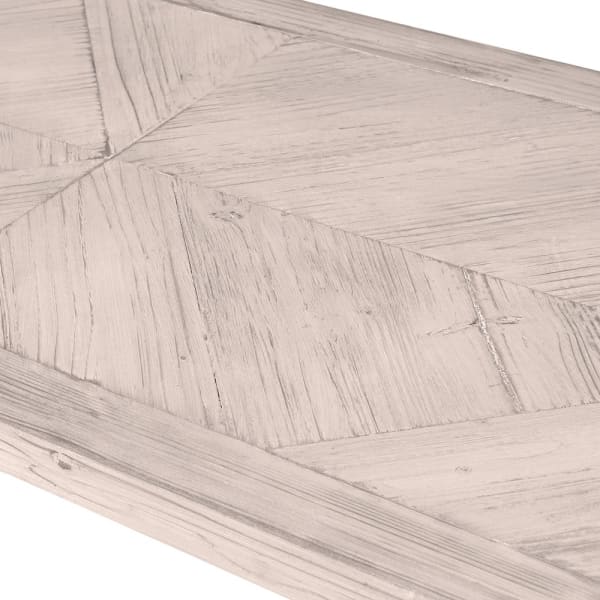 Parquet dining bench product close up of material.