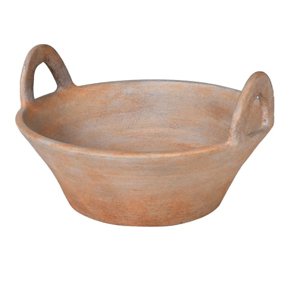 Distressed terracotta decorative bowl with handles.