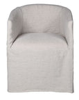 Natural linen dining chair with rounded back.