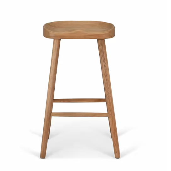 Product image of backless wooden bar stool with curved seat and footrests. 