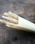 Dried pampas grass wrapped in brown paper.