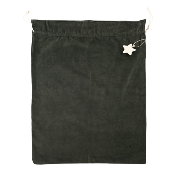 Forest green velvet Christmas sack with drawstring and star decoration.