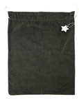 Forest green velvet Christmas sack with drawstring and star decoration.