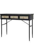 Black and rattan wooden desk with drawers.