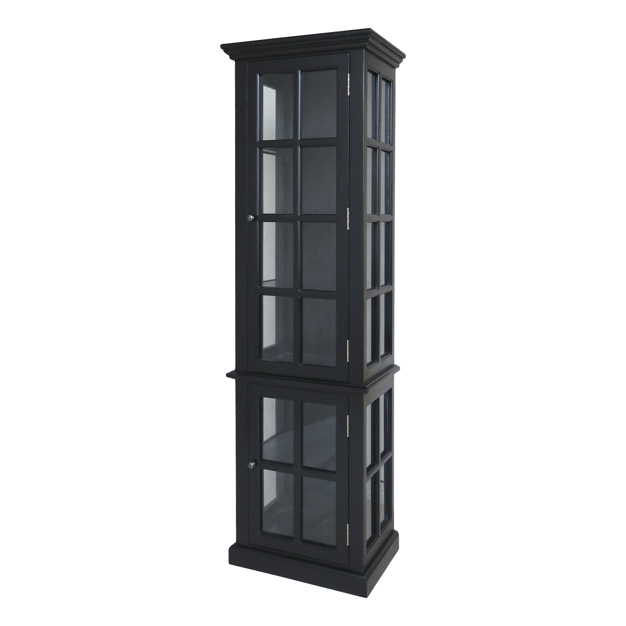 Black display cabinet with glass doors product image.