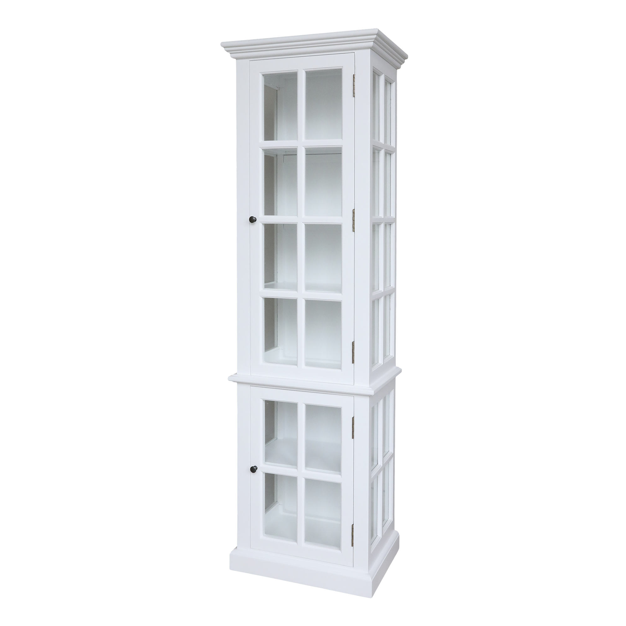 White display cabinet with glass doors product image.