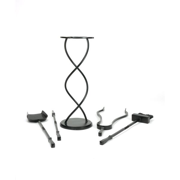 Matt black spiral fireside companion set with 4 tools off the stand.