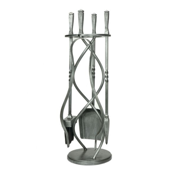 Pewter spiral fireside companion set with 4 tools.