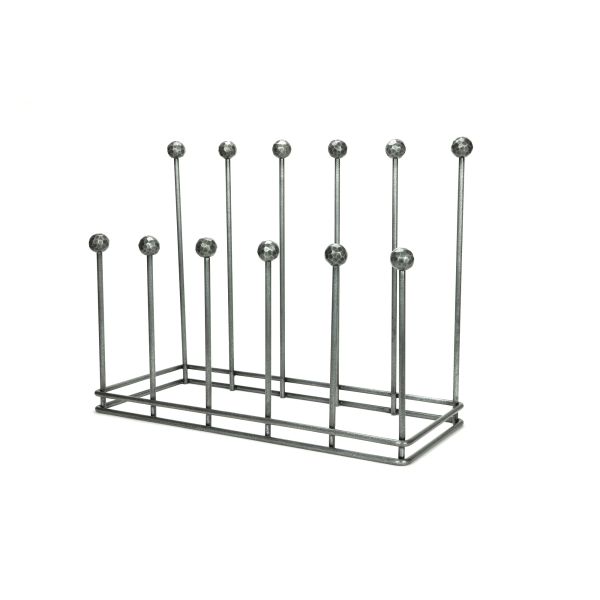 6 pair pewter welly boot rack from side view.