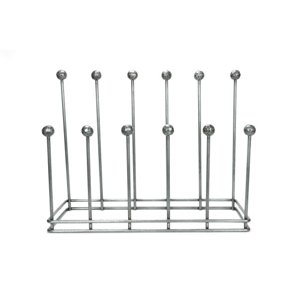 6 pair pewter welly boot rack from front view.