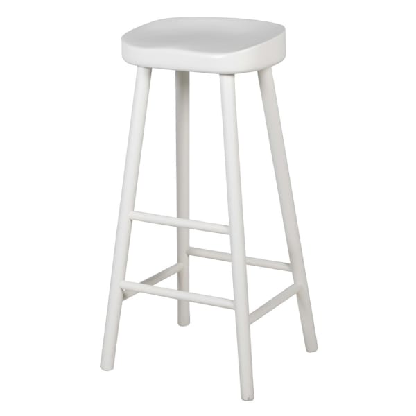 Tall white bar stool with 2 foot rails and curved seat.