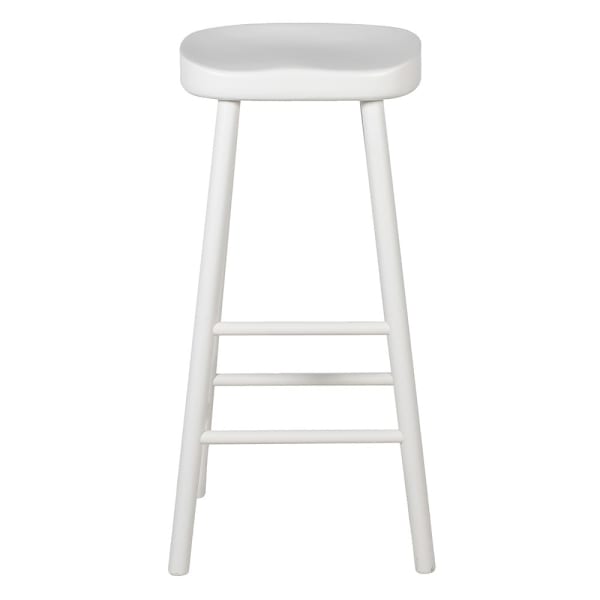 Tall white bar stool with 2 foot rails and curved seat.