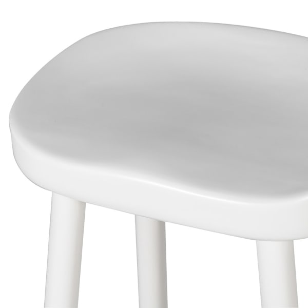Close up of curved stool seat on white wooden stool.