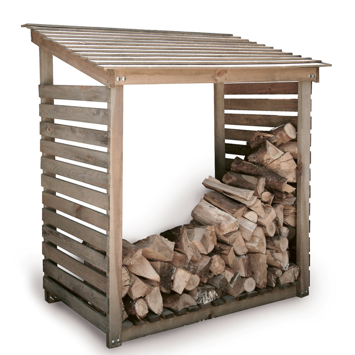 Wide log store filled with logs, product image.