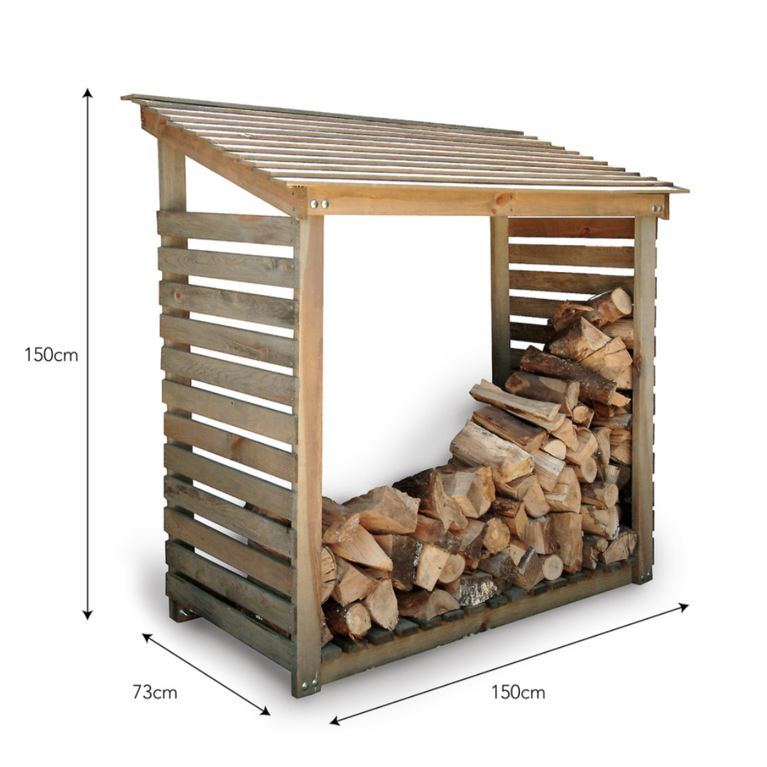 Wide log store filled with logs, product image with measurements.