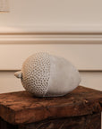Cement acorn ornament on wooden stool.