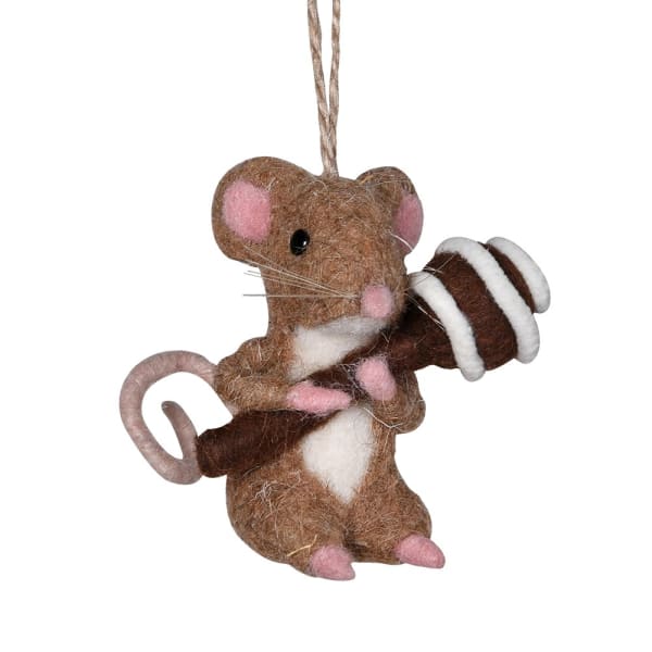 Christmas mouse hanging decoration with little candy in his hand.