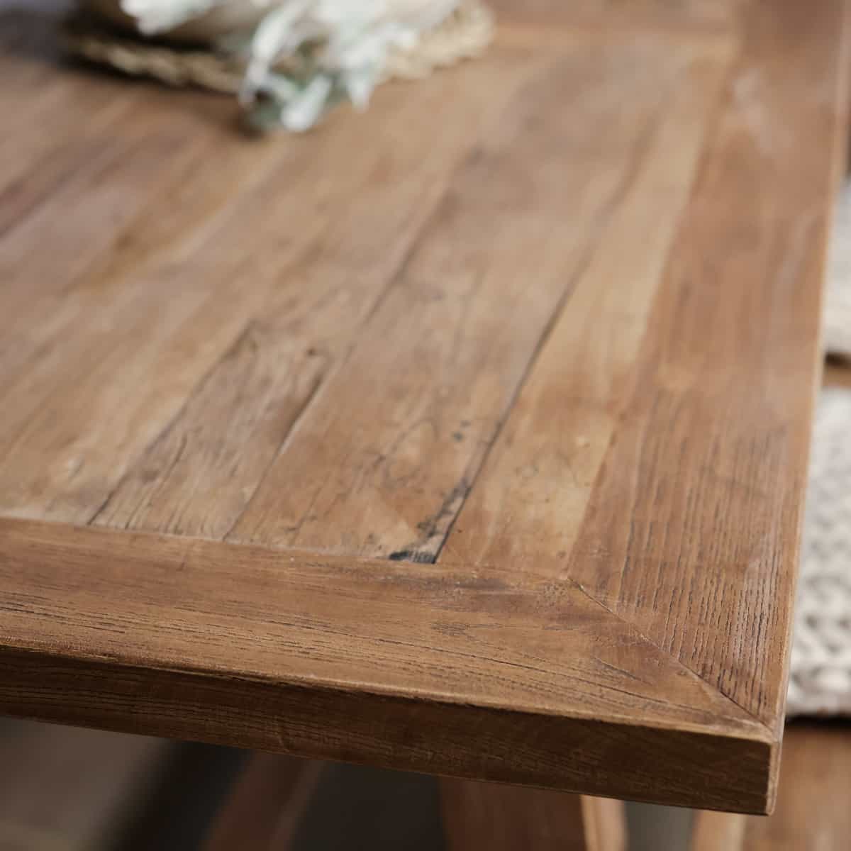 Elm dining table close up of finish.