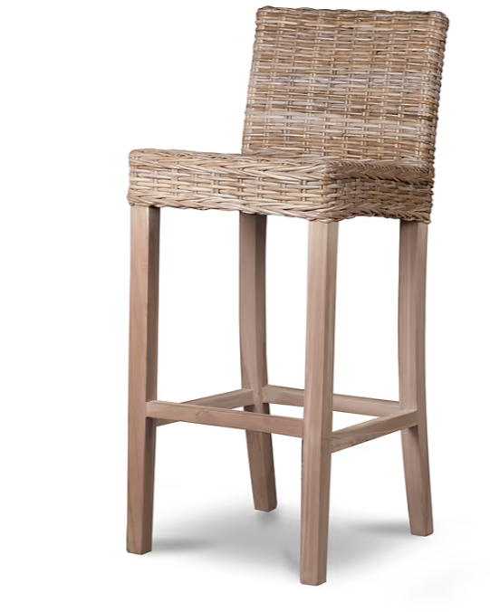 Full product image of farmhouse woven bar stool with back.