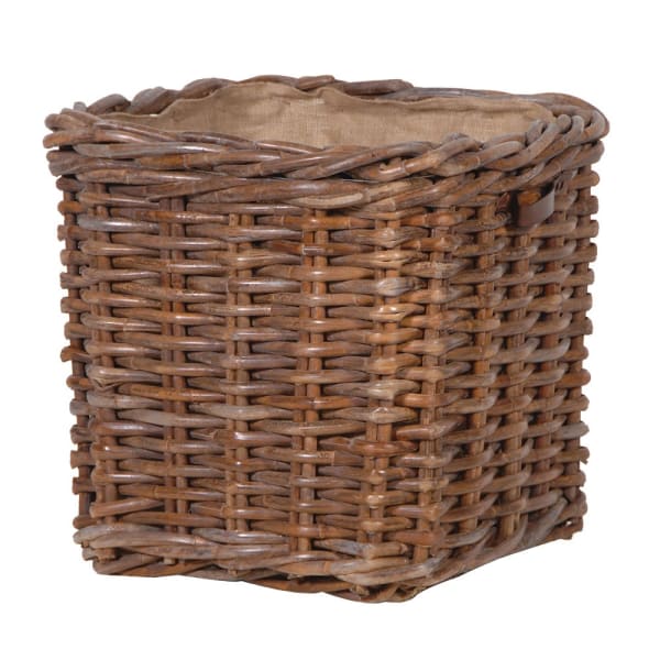 Square wicker log basket with hessian lining.