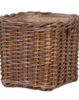 Square wicker log basket with hessian lining.