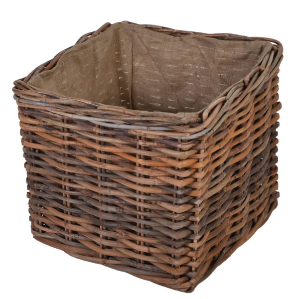 Square wicker log basket with hessian lining from above view.