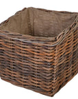 Square wicker log basket with hessian lining from above view.