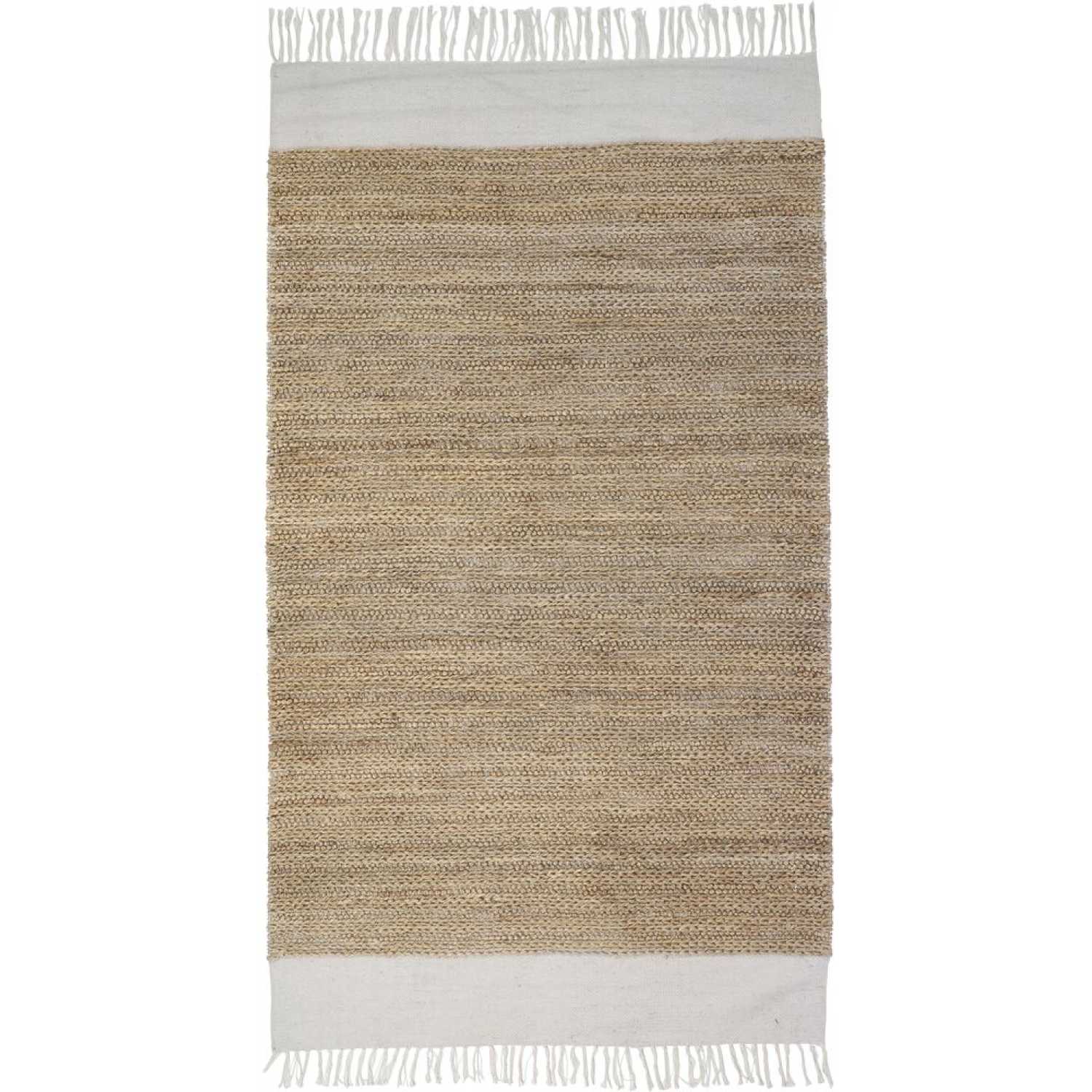 White and natural cotton and jute rug with tassels.