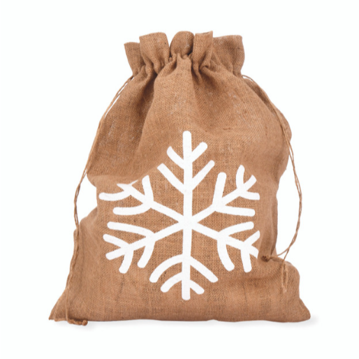 Jute Christmas sack with snowflake on, filled with gifts.