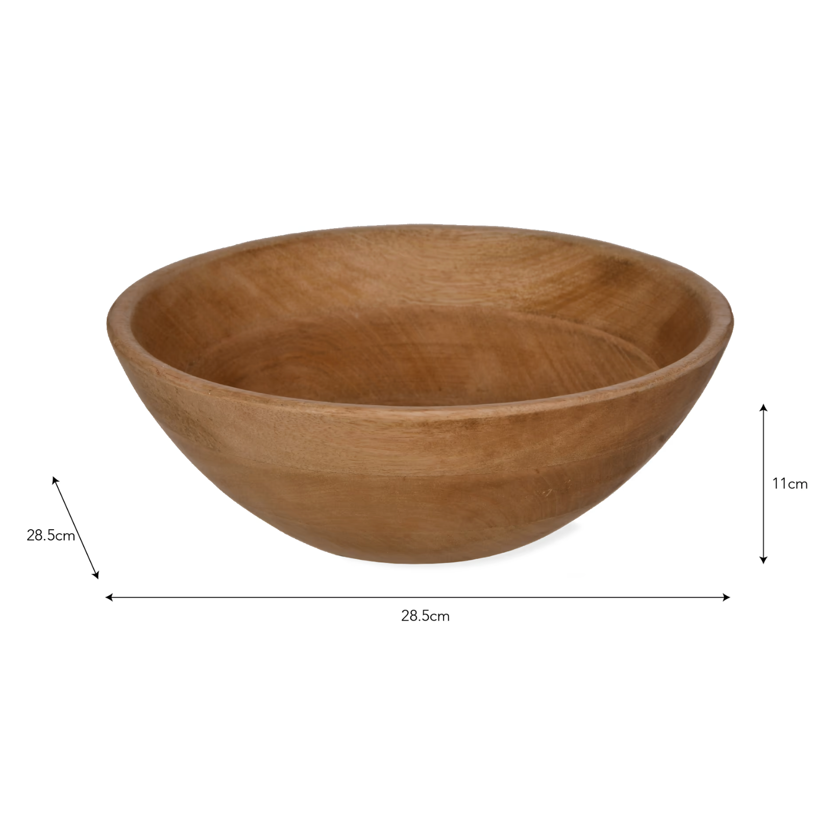 Kiera Wooden Serving Bowl on white background with dimensions.