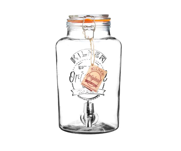 Kilner 5 litre round glass drink dispenser with tag.