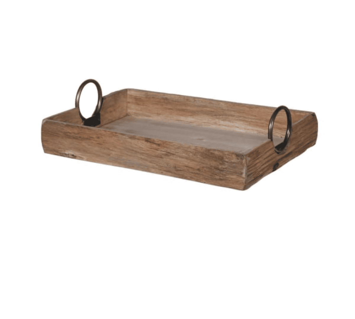Wooden tray with circular iron handles.