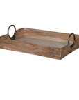 Wooden tray with circular iron handles.