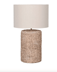 Tall rope effect neutral vase with white linen shade. 