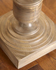 Close up of wooden lamp base.