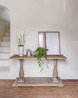 Lilibet Reclaimed Wooden Console Table with plant and watering can.