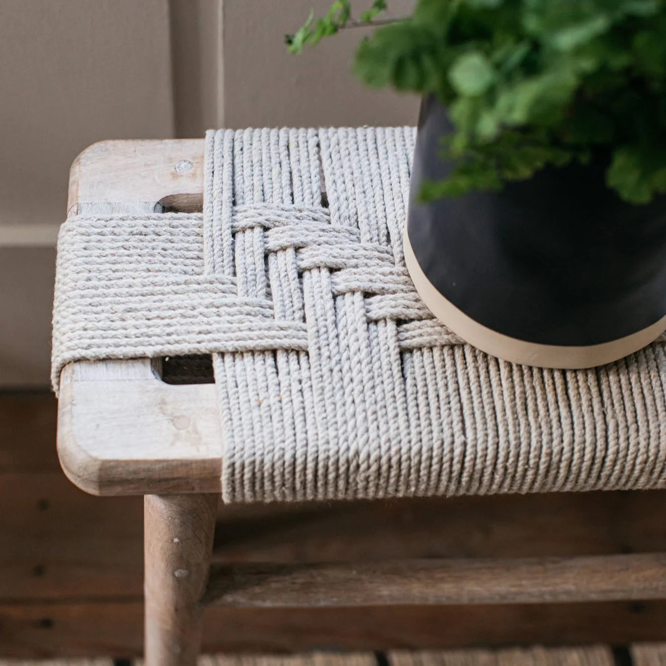 The rope detail on the Lulworth Rustic Wooden Side Table, with a plant in a black ceramic pot.