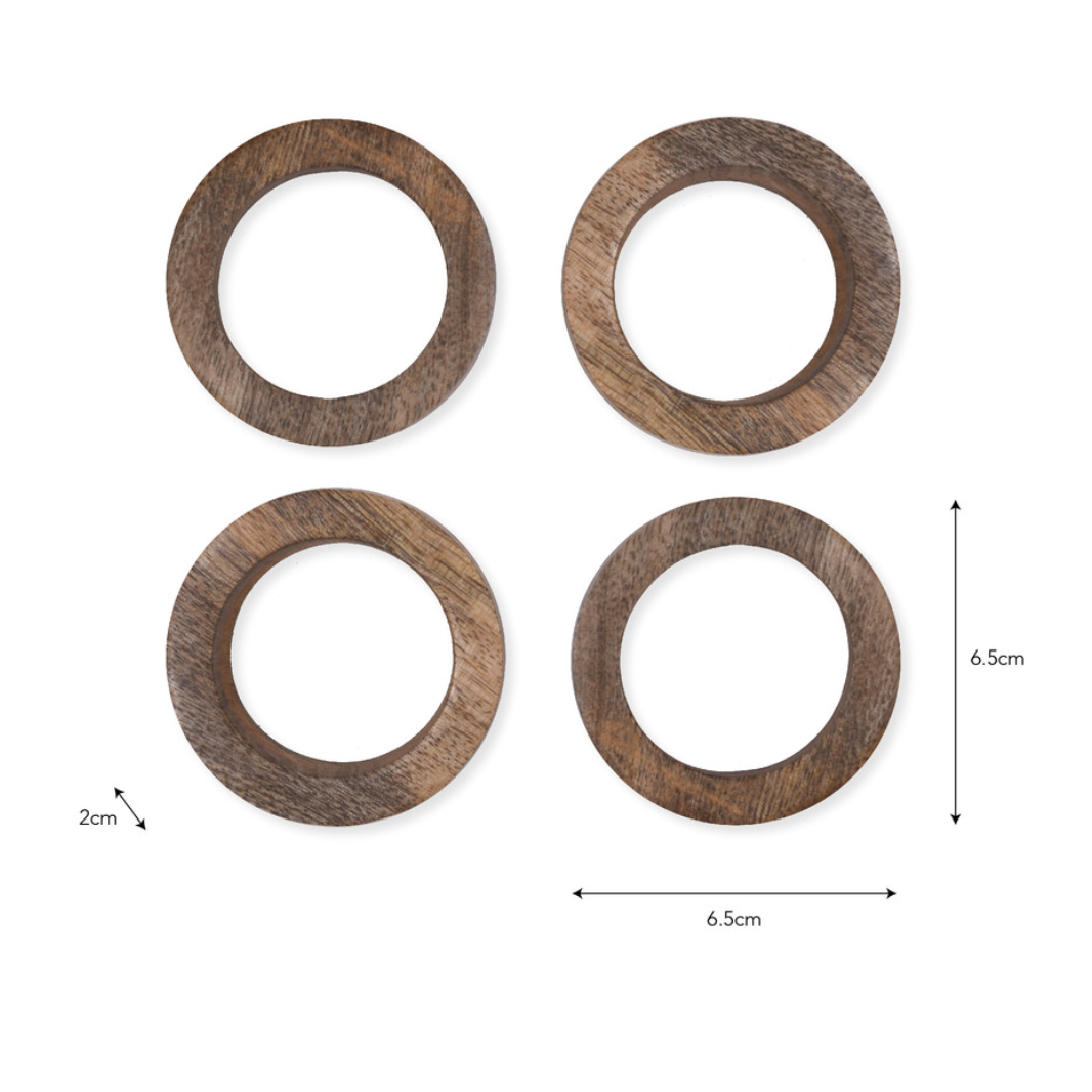 Mango wood napkin rings, set of 4 with measurements.